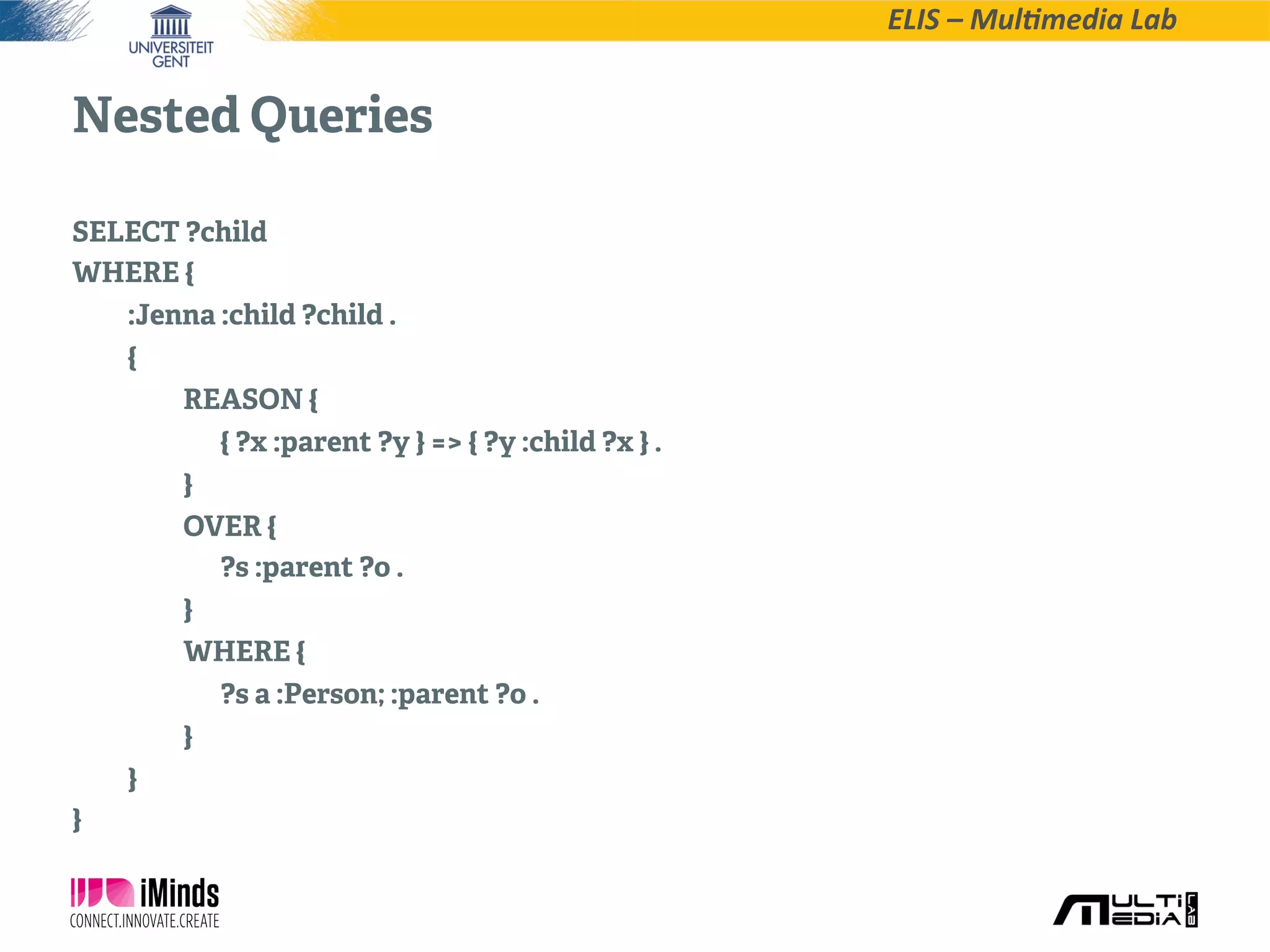 ELIS  –  Mul*media  Lab
Nested Queries
SELECT ?child
WHERE {
:Jenna :child ?child .
{
REASON {
{ ?x :parent ?y } => { ?y :child ?x } .
}
OVER {
?s :parent ?o .
}
WHERE {
?s a :Person; :parent ?o .
}
}
}
 
