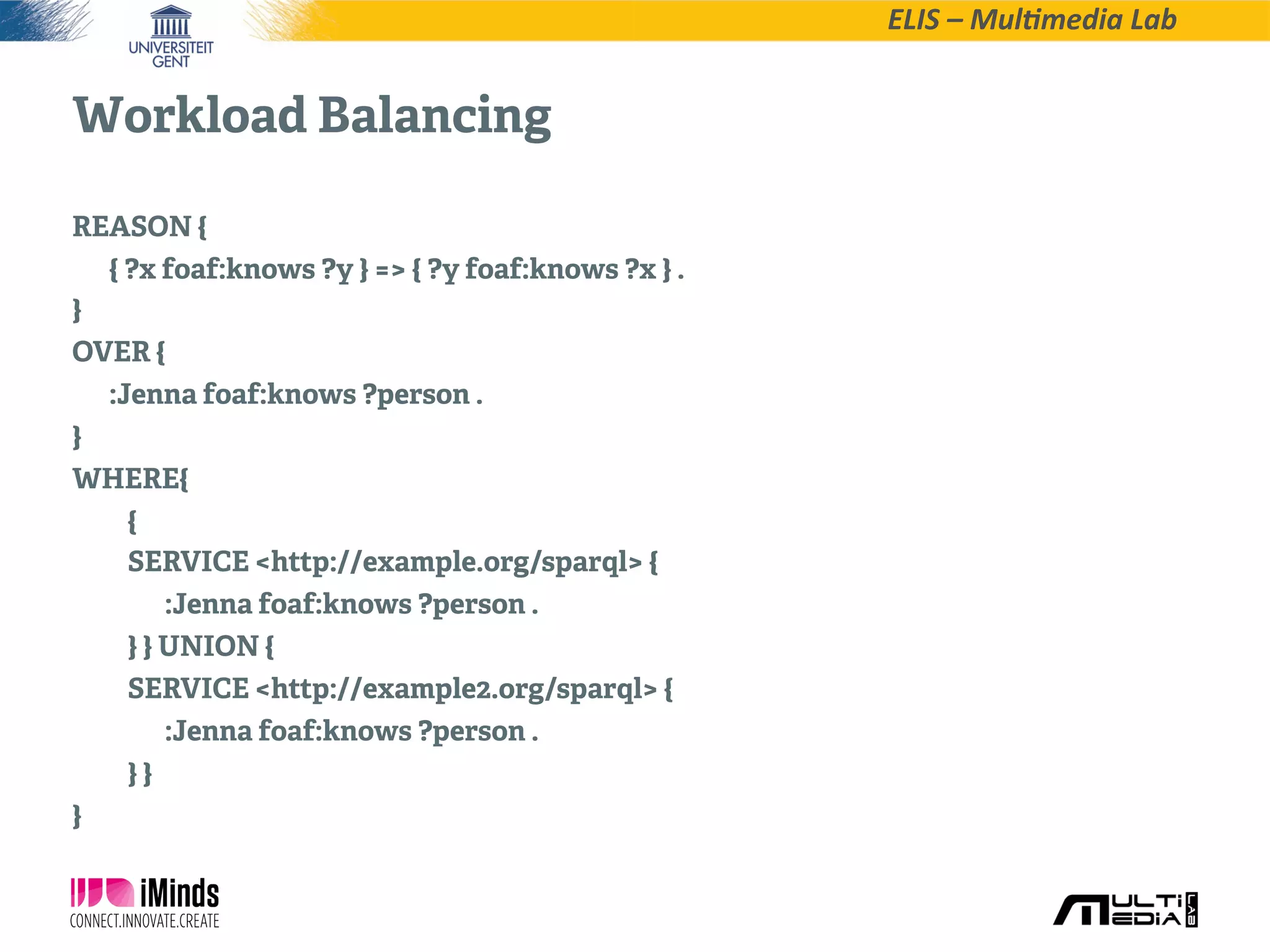 ELIS  –  Mul*media  Lab
•
Workload Balancing
REASON {
{ ?x foaf:knows ?y } => { ?y foaf:knows ?x } .
}
OVER {
:Jenna foaf:knows ?person .
}
WHERE{
{
SERVICE <http://example.org/sparql> {
:Jenna foaf:knows ?person .
} } UNION {
SERVICE <http://example2.org/sparql> {
:Jenna foaf:knows ?person .
} }
}
 