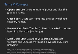 Terms & Concepts
• Open Sort: Users sort items into groups and give the
groups a name.
Closed Sort: Users sort items into previously defined
category names.
• Reverse Card Sort (Tree Test) : Users are asked to locate
items in a hierarchy (no design)
• Most Users Start Browsing vs Searching: Across 9
websites and 25 tasks we found on average 86% start
browsing
http://www.measuringusability.com/blog/card-sorting.php
http://www.measuringusability.com/blog/search-browse.php
 