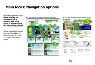 Main focus: Navigation options
Eye tracking results show:
When looking for
something on a
website, the main
focus of attention are
the navigation options.
Maybe users have learned
that they‟re unlikely to
find what they‟re looking
for in a central banner
image.
Task: „What concerts are happen in Auckland this month?‟ Task: „You want to send an email to customer service‟
142
 
