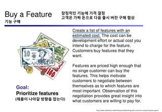 http://www.slideshare.net/Enthiosys/collaborating-with-customers-using-innovation-game
(제품이 나아갈 방향을 잡는다)
기능 구매
잠정적인 기능에 가격 결정
고객은 가짜 돈으로 다음 출시 버전 구매 협상
 