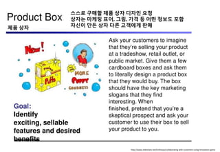 http://www.slideshare.net/Enthiosys/collaborating-with-customers-using-innovation-game
제품 상자
스스로 구매핛 제품 상자 디자인 요청
상자는 마케팅 표어, 그림, 가격 등 어떤 정보도 포함
자싞이 만든 상자 다른 고객에게 판매
 