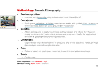 52
Methodology: Remote Ethnography
► Business problem
► How are people actually using in their environment in real-time?
► Description
► Participants self-record activities over days or weeks with pocket video cameras or
mobile devices, based on tasks provided by researcher.
► Benefits
► Allows participants to capture activities as they happen and where they happen
(away from computer), without the presence of observers. Useful for longitudinal
research & geographically spread participants.
► Limitations
► Dependence on participant ability to articulate and record activities, Relatively high
data analysis to small sample size ratio
► Data
► Patterns based on participant response, transcripts and video recordings
► Tools
► Qualvu.com
Cost / respondent: Low – Moderate – High
Statistical validity: None – Some – Extensive
 
