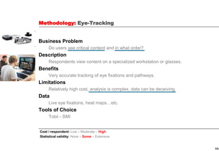 56
Methodology: Eye-Tracking
Business Problem
Do users see critical content and in what order?
Description
Respondents view content on a specialized workstation or glasses.
Benefits
Very accurate tracking of eye fixations and pathways.
Limitations
Relatively high cost, analysis is complex, data can be deceiving.
Data
Live eye fixations, heat maps…etc.
Tools of Choice
Tobii - SMI
Cost / respondent: Low – Moderate – High
Statistical validity: None – Some – Extensive
 