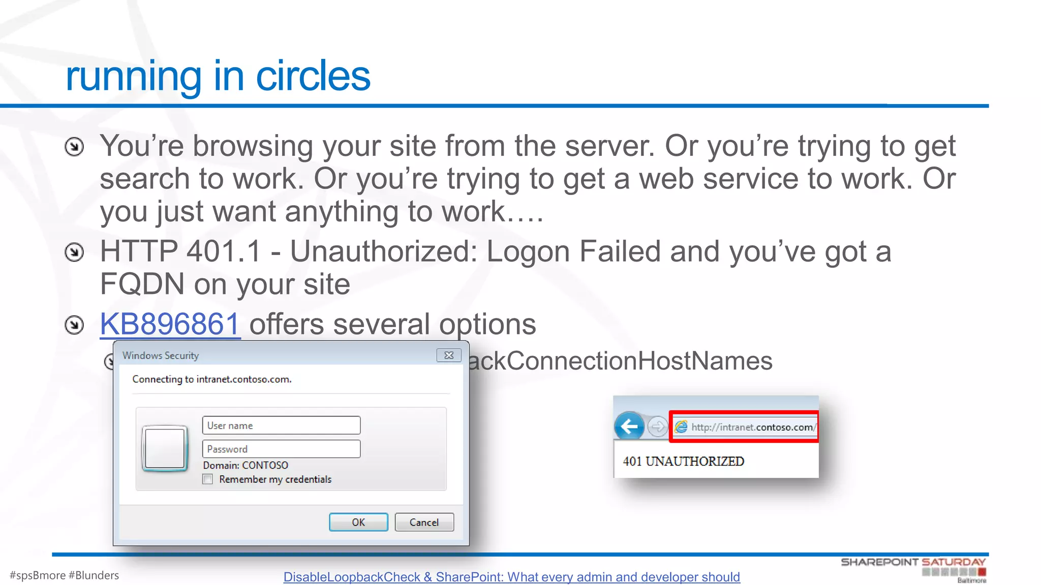 #spsBmore #Blunders
running in circles
KB896861
DisableLoopbackCheck & SharePoint: What every admin and developer should
 