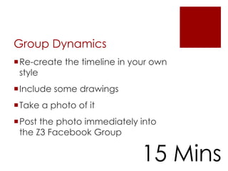 Group Dynamics
Re-create the timeline in your own
style
Include some drawings
Take a photo of it
Post the photo immediately into
the Z3 Facebook Group
15 Mins
 