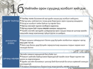 ХУВИЛБАР

1б

Нийтийн орон сууцанд холболт хийгдэх

Төлбөр төлөх боломжтой иргэдийн хашаа руу холболт хийгдэнэ.
ДАВУУ ТАЛУУД Иргэд хувь нийлүүлсэн газар дээр баригдсан орон сууцанд амьдарна
Нэгдсэн холболт хийж байгаа тул өртөг бага
Орчны хэв маяг хуучин хэлбэрээ хадгална.
Иргэд үлдэж буй газраа өөрөө захиран зарцуулна.
Тухайн хэсгийн иргэдийн шийдвэрээр орон сууцаа ямар үе шатаар хувийн
хэвшлийн ямар компаниар гүйцэтгүүлэх ээ шийднэ.

АНХААРАХ
ЗҮЙЛС

Орон сууцны сайжруулалт болон дэд бүтцийн холболтын зардлыг иргэд
өөрсдөө төлнө.
Авто зам болон дэд бүтцийн зориулалтаар хашааны газрын зарим хэсэг
танагдах болно

Төслийн хэмжээ харьцангуй бага байх тул:
Нэмэлт нийтийн байгууламж баригдахгүй тухайн хэсэг бараг хуучин хэв
ОРЧНЫ НӨЛӨӨ шинж нь хадгалагдана.
Эдийн засгийн боломжыг шинээр бий болгохгүй ба хотын ерөнхий зохицол
хангагдахгүй.
Агаарын бохирдолын бууралтанд мэдэгдэхүйц нөлөө үзүүлэхгүй

 