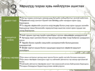 ХУВИЛБАР

3

ДАВУУ ТАЛ

АНХААРАХ
ЗҮЙЛС

Хөршүүд газраа хувь нийлүүлэн ашиглах
Иргэд газраа солилцох замаар дэд бүтцийн хобщлболтыг үнэгүй хийлгэнэ.
Өрөөний илүү сонголт бүхий том бөгөөд сайн чанарын орон сууц
баригдана.
Үл хөдлөх хөрөнгийн үнэлгээ илүү өндөр болох учир орон сууцаа зээлийн
барьцаанд тавьж бизнесийн зориулалтаар ашиглах эсвэл орон сууцаа зах
зээлд борлуулах.
Нийт оршин суугчид тухайн хувилбарыг хүлээн зөвшөөрөх шаардлагатай
 Иргэдэд нүүн шилжих болон түр хугацаагаар өөр газар байрлах шаардлага
үүснэ
 Төрийн болон хувийн хэвшлийн санхүүжилтийн бололцооноос
хамааралтай.
 Өнөөг хүртэл хашаа болон сууцандаа оруулсан хөрөнгө оруулалт
үнэгүйднэ.

ОРЧНЫ НӨЛӨӨ Хүн амын нягтралыг дагаад ажил эрхлэх болон эдийн засгийн боломж нэмэгдэнэ

Хүн амын төвлөрөл нэмэгдэнэ гэдэг нь нийгмийн үйлчилгээ тэр хэвээр х үртээмжтэй
болно.
Нийгмийн үйлчилгээ төвлөрсөн хэсэгт том хэмжээний ногоон байгууламж баригдана .
Агаарын бохирдлын бууралтанд үлэмж нөлөө үзүүлнэ

 