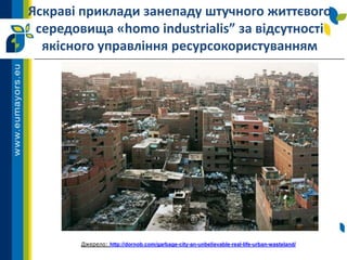 Джерело: http://dornob.com/garbage-city-an-unbelievable-real-life-urban-wasteland/
Яскраві приклади занепаду штучного життєвого
середовища «homo industrialis” за відсутності
якісного управління ресурсокористуванням
 