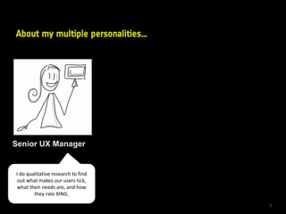 About my multiple personalities…
Senior UX Manager
2
I do qualitative research to find
out what makes our users tick,
what their needs are, and how
they rate XING.
 