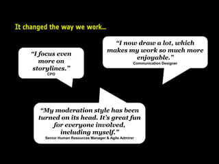 It changed the way we work…
“I focus even
more on
storylines.”
CPO
“I now draw a lot, which
makes my work so much more
enjoyable.”
Communication Designer
“My moderation style has been
turned on its head. It’s great fun
for everyone inv0lved,
including myself.”
Senior Human Resources Manager & Agile Admirer
 