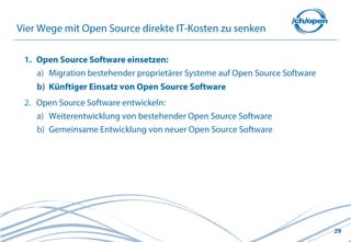 29
1. Open Source Software einsetzen:
a) Migration bestehender proprietärer Systeme auf Open Source Software
b) Künftiger ...