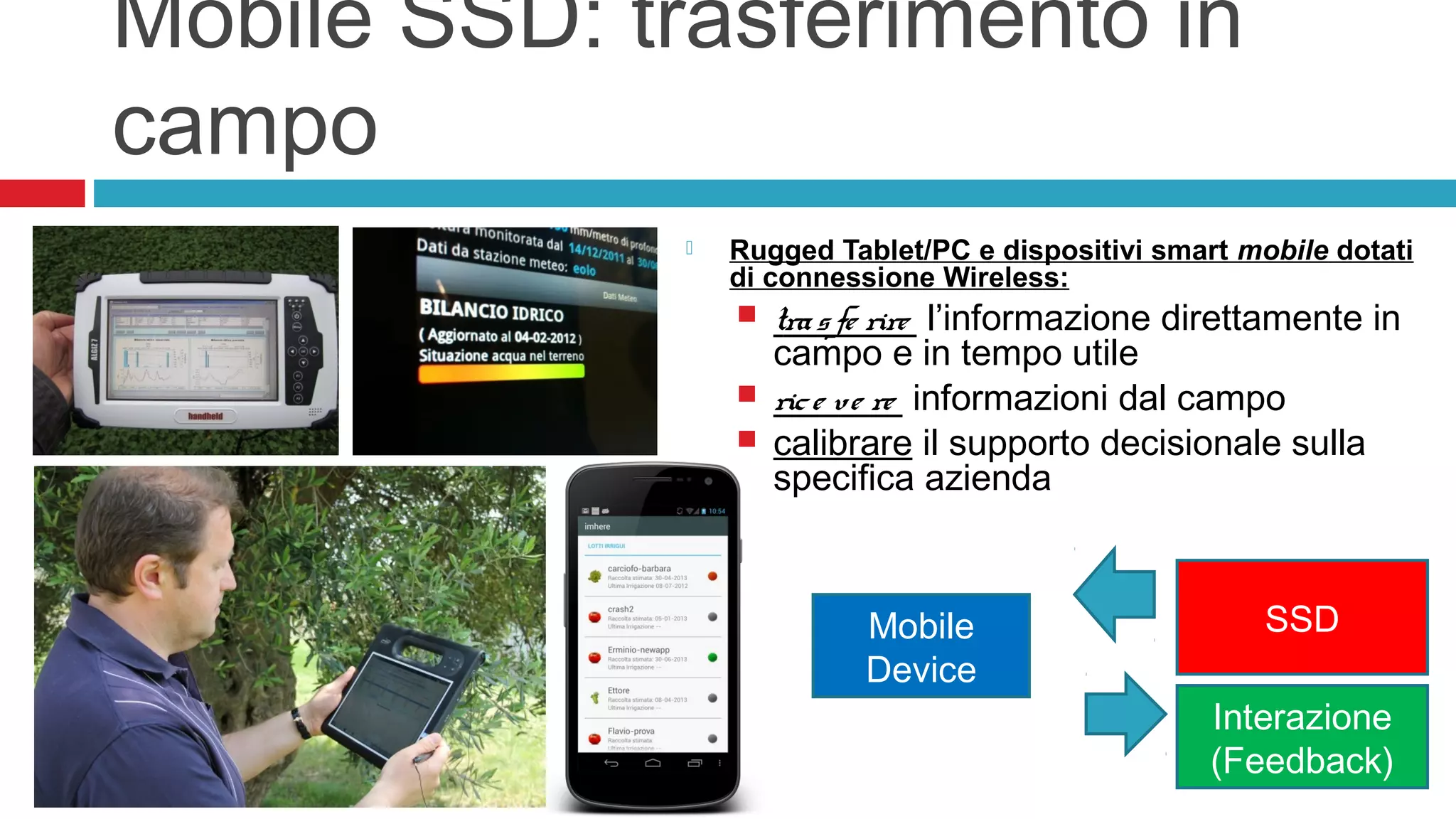  Rugged Tablet/PC e dispositivi smart mobile dotati
di connessione Wireless:
 trasfe rire l’informazione direttamente in
campo e in tempo utile
 rice ve re informazioni dal campo
 calibrare il supporto decisionale sulla
specifica azienda
Mobile SSD: trasferimento in
campo
Mobile
Device
SSD
Interazione
(Feedback)
 