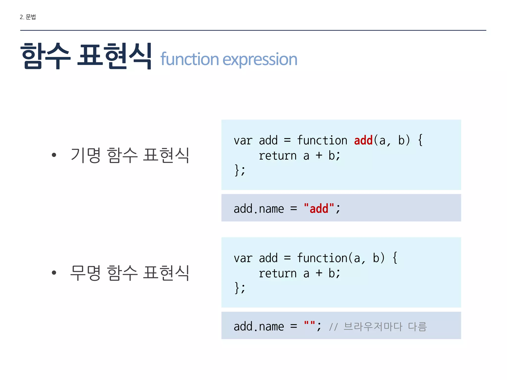 2. 문법
함수 표현식 functionexpression
• 무명 함수 표현식
var add = function(a, b) {
return a + b;
};
add.name = ""; // 브라우저마다 다름
• 기명 함수 표현식
var add = function add(a, b) {
return a + b;
};
add.name = "add";
 