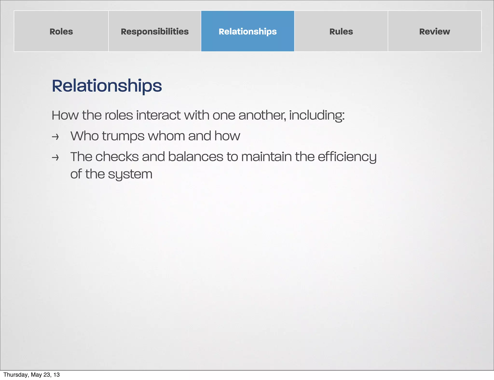 Roles

Responsibilities

Relationships

Rules

Relationships
How the roles interact with one another, including:
> Who trumps whom and how
> The checks and balances to maintain the efficiency
of the system

Thursday, May 23, 13

Review

 
