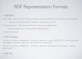 RDF Representation Formats
• RDF/XML
<rdf:RDF xmlns:rdf="http://www.w3.org/1999/02/22-rdf-syntax-ns#"
xmlns:foaf="http://xmlns.com/foaf/0.1/">
<foaf:Person rdf:about="http://anjeve.de#anja">
<foaf:name>Anja Jentzsch</foaf:name>
</foaf:Person>
• RDF N-Triples
<http://anjeve.de#anja> <http://www.w3.org/1999/02/22-rdf-syntax-
ns#type> <http://xmlns.com/foaf/0.1/Person> .
<http://anjeve.de#anja> <http://xmlns.com/foaf/0.1/name> „Anja
Jentzsch“ .
• RDF N3
 