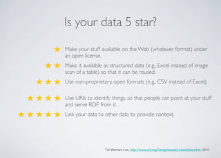 Is your data 5 star?
Tim Berners-Lee, http://www.w3.org/DesignIssues/LinkedData.html, 2010
Make your stuff available on the Web (whatever format) under
an open license.
Make it available as structured data (e.g., Excel instead of image
scan of a table) so that it can be reused.
Use non-proprietary, open formats (e.g., CSV instead of Excel).
Use URIs to identify things, so that people can point at your stuff
and serve RDF from it.
Link your data to other data to provide context.
★
★ ★
★ ★ ★
★ ★ ★ ★
★ ★ ★ ★ ★
 