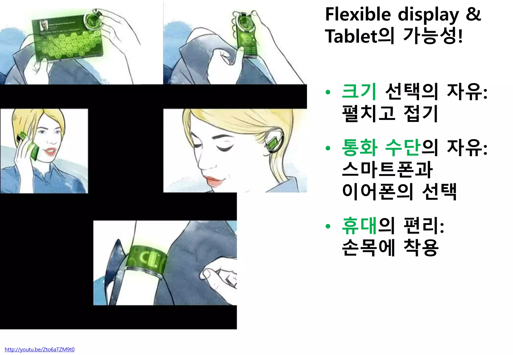 http://youtu.be/Zto6aTZM9t0
Flexible display &
Tablet의 가능성!
• 크기 선택의 자유:
펼치고 접기
• 통화 수단의 자유:
스마트폰과
이어폰의 선택
• 휴대의 편리:
손목에 착용
 