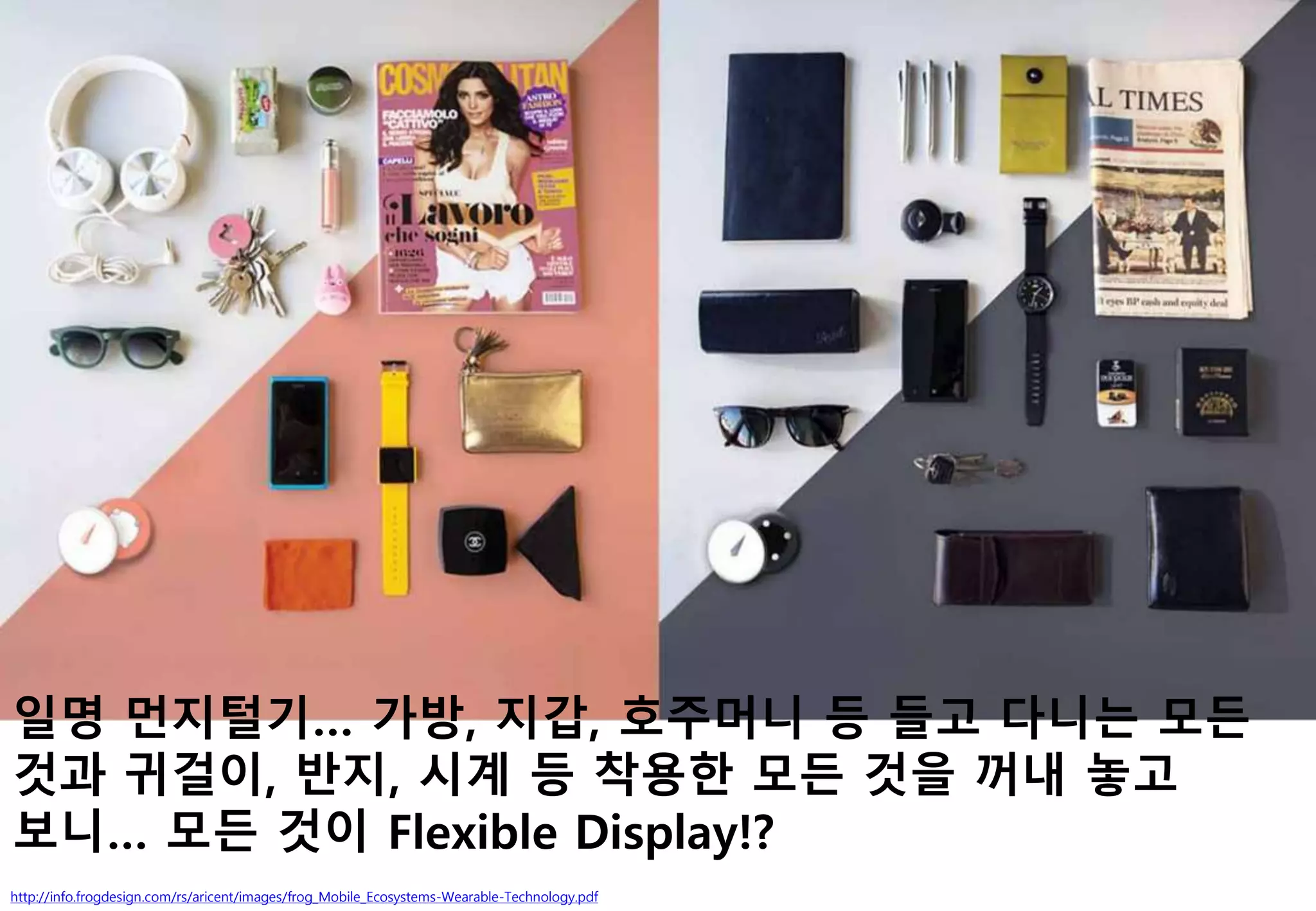 http://info.frogdesign.com/rs/aricent/images/frog_Mobile_Ecosystems-Wearable-Technology.pdf
일명 먼지털기… 가방, 지갑, 호주머니 등 들고 다니는 모든
것과 귀걸이, 반지, 시계 등 착용한 모든 것을 꺼내 놓고
보니… 모든 것이 Flexible Display!?
 