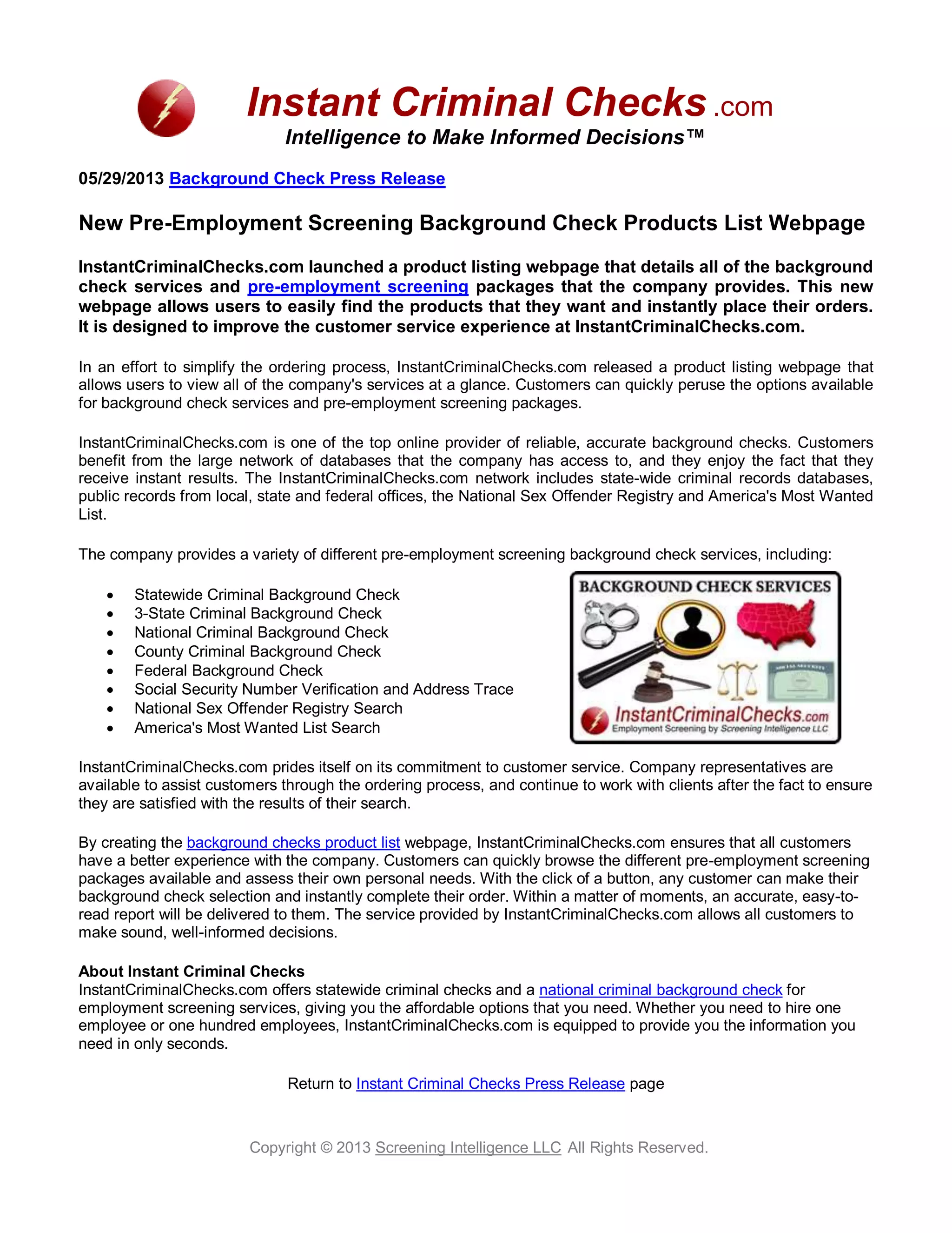 New PreEmployment Screening Background Check Products List Webpage PDF