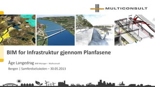 multiconsult.no
Åge Langedrag BIM Manager – Multiconsult
Bergen | Samferdselsskolen – 30.05.2013
BIM for Infrastruktur gjennom Planfasene
 