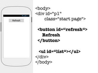 <body>
<div id=“p1“
class=“start page“>
<button id=“refresh“>
Refresh
</button>
<ul id=“list“></ul>
</div>
</body>
2:30
Refresh
 