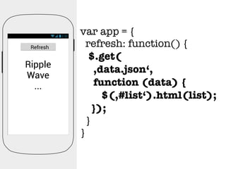 2:30
Refresh
var app = {
refresh: function() {
$.get(
,data.json‘,
function (data) {
$(,#list‘).html(list);
});
}
}
Ripple
Wave
...
 