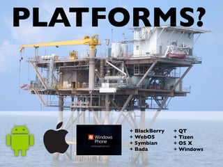 PLATFORMS?
+ BlackBerry
+ WebOS
+ Symbian
+ Bada
+ QT
+ Tizen
+ OS X
+ Windows
 