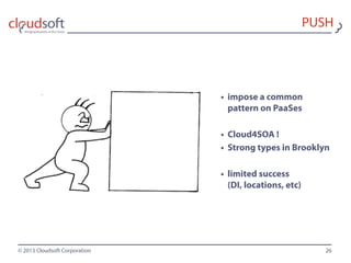 © 2013 Cloudsoft Corporation
PUSH
26
• impose a common
pattern on PaaSes
• Cloud4SOA !
• Strong types in Brooklyn
• limited success
(DI, locations, etc)
 