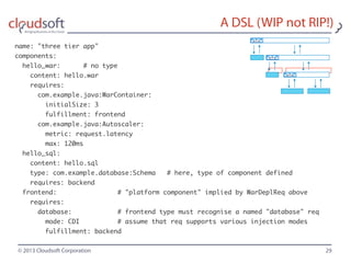© 2013 Cloudsoft Corporation 29
A DSL (WIP not RIP!)
name: "three tier app"
components:
hello_war: # no type
content: hello.war
requires:
com.example.java:WarContainer:
initialSize: 3
fulfillment: frontend
com.example.java:Autoscaler:
metric: request.latency
max: 120ms
hello_sql:
content: hello.sql
type: com.example.database:Schema # here, type of component defined
requires: backend
frontend: # "platform component" implied by WarDeplReq above
requires:
database: # frontend type must recognise a named "database" req
mode: CDI # assume that req supports various injection modes
fulfillment: backend
 