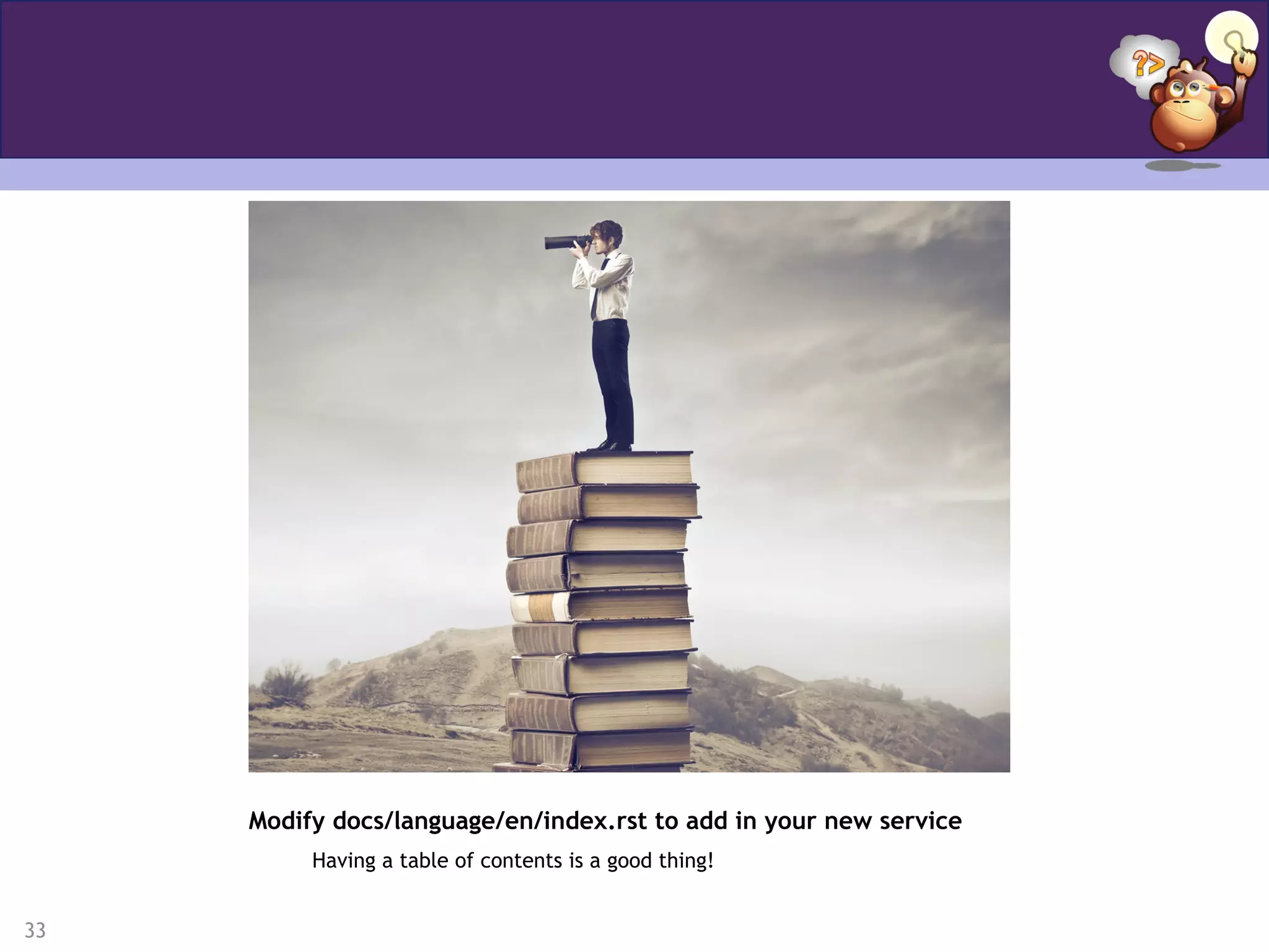 33
Modify docs/language/en/index.rst to add in your new service
Having a table of contents is a good thing!
 
