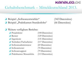 Gehaltsbenchmark – Mitteldeutschland 2013.
Beispiel „Softwareentwickler“ (342 Datensätze)
Beispiel „Praktikanten Stundenlohn“ (66 Datensätze)
Weitere verfügbare Berichte:
Projektleiter (108 Datensätze)
Berater (129 Datensätze)
Ingenieure (131 Datensätze)
Techniker/Facharbeiter (117 Datensätze)
Softwareadministrator (69 Datensätze)
Softwaretester (70 Datensätze)
Softwaresupport (79 Datensätze)
Praktikanten Monatslohn (113 Datensätze)
 