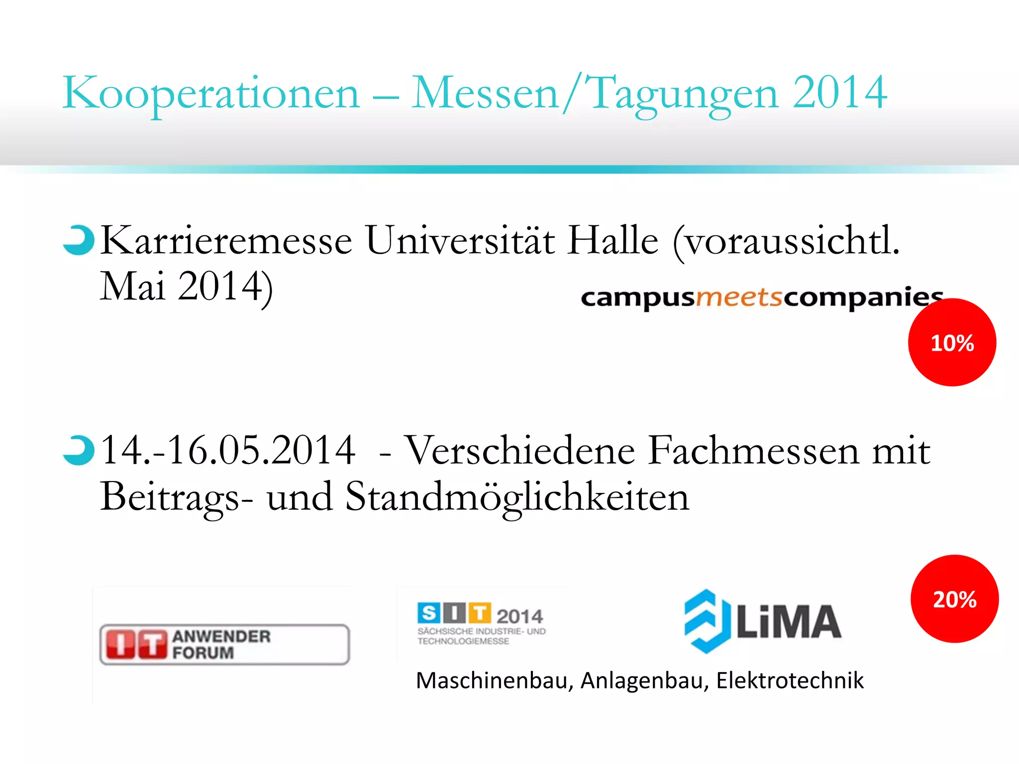 Kooperationen – Messen/Tagungen 2014
Karrieremesse Universität Halle (voraussichtl.
Mai 2014)
14.-16.05.2014 - Verschiedene Fachmessen mit
Beitrags- und Standmöglichkeiten
10%
Maschinenbau, Anlagenbau, Elektrotechnik
20%
 