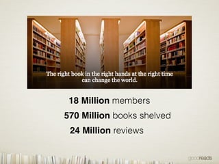 18 Million members
570 Million books shelved
24 Million reviews
 