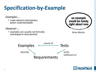 11
Specification-by-Example
Examples …
• make abstract descriptions
better understandable
However …
• examples are usually not formally
exchanged or documented
Brian Marick
Examples Tests
Requirements
consist of
describe verify
fulfillment of
 