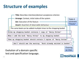 19
The same book can be added multiple times to the shopping basket
Structure of examples
Given my shopping basket contains 1 copy of “Harry Potter”
When I add the book “Harry Potter” to my shopping basket
Then my shopping basket should contain 2 copies of “Harry Potter”
Title: Describes intention/abstract acceptance criterion
Arrange: Context, initial state of the system
Act: Execution of the feature
Assert: Assertion of observable behaviour
And I should see the warning: “Book already existed in basket”
Triple-A
constraint
“Checks”
Chaining
up steps
 