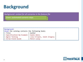 25
Background
Background: context for all scenarios in the feature file
Given: automated scenario steps
Background:
Given the catalog contains the following books
| Title | Author |
| Specification-By-Example | Gojko Adzic |
| Agile Testing | Lisa Crispin, Janet Gregory |
| Scrum Field Guide | Mitch Lacey |
 