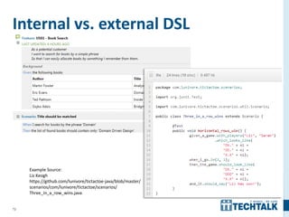 72
Internal vs. external DSL
Example Source:
Liz Keogh
https://github.com/lunivore/tictactoe-java/blob/master/
scenarios/com/lunivore/tictactoe/scenarios/
Three_in_a_row_wins.java
 