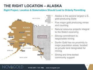 NYSE-MKT, TSX: NG
21
www.novagold.com
Right Project, Location & Stakeholders Should Lead to Orderly Permitting
THE RIGHT LOCATION – ALASKA
▸ Alaska is the second largest U.S.
gold-producing State
▸ Five major gold producing mines
and counting
▸ Natural resource projects integral
to the State’s economy
▸ Strong commitment to
responsible mining
▸ Donlin Gold has no proximity to
major population areas; located
on private land designated for
mining
▸ Strong and time-tested
community support
 