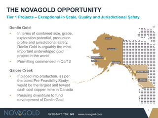 NYSE-MKT, TSX: NG
3
www.novagold.com
Tier 1 Projects – Exceptional in Scale, Quality and Jurisdictional Safety
THE NOVAGOLD OPPORTUNITY
Donlin Gold
▸ In terms of combined size, grade,
exploration potential, production
profile and jurisdictional safety,
Donlin Gold is arguably the most
important undeveloped gold
project in the world
▸ Permitting commenced in Q3/12
Galore Creek
▸ If placed into production, as per
the latest Pre-Feasibility Study,
would be the largest and lowest
cash cost copper mine in Canada
▸ Pursuing divestiture to fund
development of Donlin Gold
 