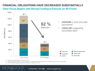 NYSE-MKT, TSX: NG
31
www.novagold.com
$24
$15
$18
$15
$16
$8
$44
$21
$5
$3
-
20.0
40.0
60.0
80.0
100.0
120.0
140.0
1 2
FINANCIAL OBLIGATIONS HAVE DECREASED SUBSTANTIALLYUS$(Millions)
1) Cash and cash equivalents as of May 2, 2013
2) The Notes mature on May 1, 2015. Interest on the remaining Notes will amount to $1,219,845 per year for the next two years.
3) 2013 anticipated budget expenditure disclosed on February 12, 2013
Clear Focus Begins with Strong Funding to Execute on All Fronts
2013 Budget3
NovaCopper Galore Creek
G&A and MiscellaneousDonlin Gold
Interest Rock Creek
2012 Actual
62 %
Reduction
▸ US$220M in cash and cash
equivalents1
▸ US$22.2M outstanding
convertible debt2
 
