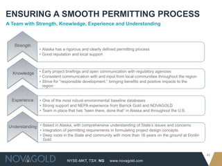 NYSE-MKT, TSX: NG
42
www.novagold.com
ENSURING A SMOOTH PERMITTING PROCESS
A Team with Strength, Knowledge, Experience and Understanding
• One of the most robust environmental baseline databases
• Strong support and NEPA experience from Barrick Gold and NOVAGOLD
• Team in place that has “been there, done that” in Alaska and throughout the U.S.
• Alaska has a rigorous and clearly defined permitting process
• Good reputation and local support
• Early project briefings and open communication with regulatory agencies
• Consistent communication with and input from local communities throughout the region
• Strive for “responsible development,” bringing benefits and positive impacts to the
region
• Based in Alaska, with comprehensive understanding of State’s issues and concerns
• Integration of permitting requirements in formulating project design concepts
• Deep roots in the State and community with more than 16 years on the ground at Donlin
Gold
Strength
Knowledge
Experience
Understanding
 