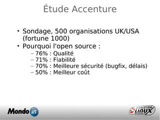 Étude Accenture
• Sondage, 500 organisations UK/USA
(fortune 1000)
• Pourquoi l'open source :
– 76% : Qualité
– 71% : Fiabilité
– 70% : Meilleure sécurité (bugfix, délais)
– 50% : Meilleur coût
 