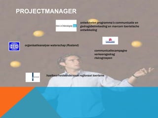 PROJECTMANAGER
ontwikkelen programma‟s communicatie en
gedragsbeinvloeding en marcom toeristische
ontwikkeling
organisatieanalyse waterschap (Rusland)
communicatiecampagne
verkeersgedrag
risicogroepen
haalbaarheidsonderzoek regionaal toerisme
 