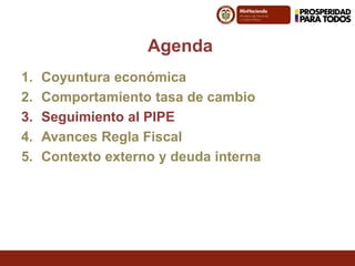 Fuente:
Agenda
1. Coyuntura económica
2. Comportamiento tasa de cambio
3. Seguimiento al PIPE
4. Avances Regla Fiscal
5. Contexto externo y deuda interna
 