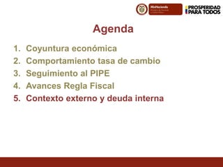 Fuente:
Agenda
1. Coyuntura económica
2. Comportamiento tasa de cambio
3. Seguimiento al PIPE
4. Avances Regla Fiscal
5. Contexto externo y deuda interna
 