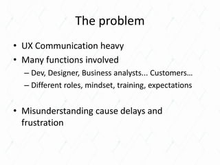 The problem
• UX Communication heavy
• Many functions involved
– Dev, Designer, Business analysts... Customers…
– Different roles, mindset, training, expectations
• Misunderstanding cause delays and
frustration
 
