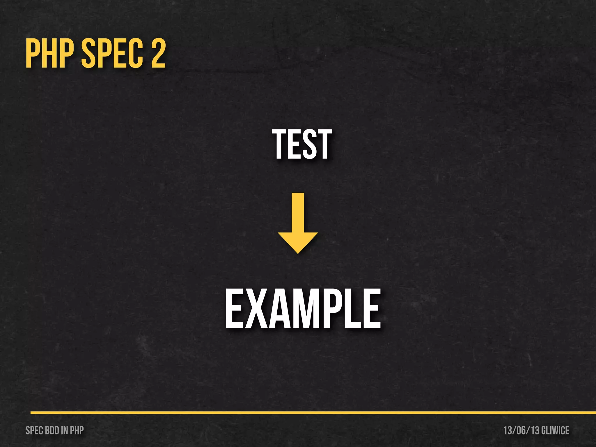13/06/13 GliwiceSpec BDD IN PHP
PHP SPEC 2
Test
example
 