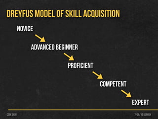 17/06/13 Gdańskcode dojo
DREYFUS MODEL OF SKILL ACQUISITION
Novice
Advanced beginner
Proficient
Competent
Expert
 