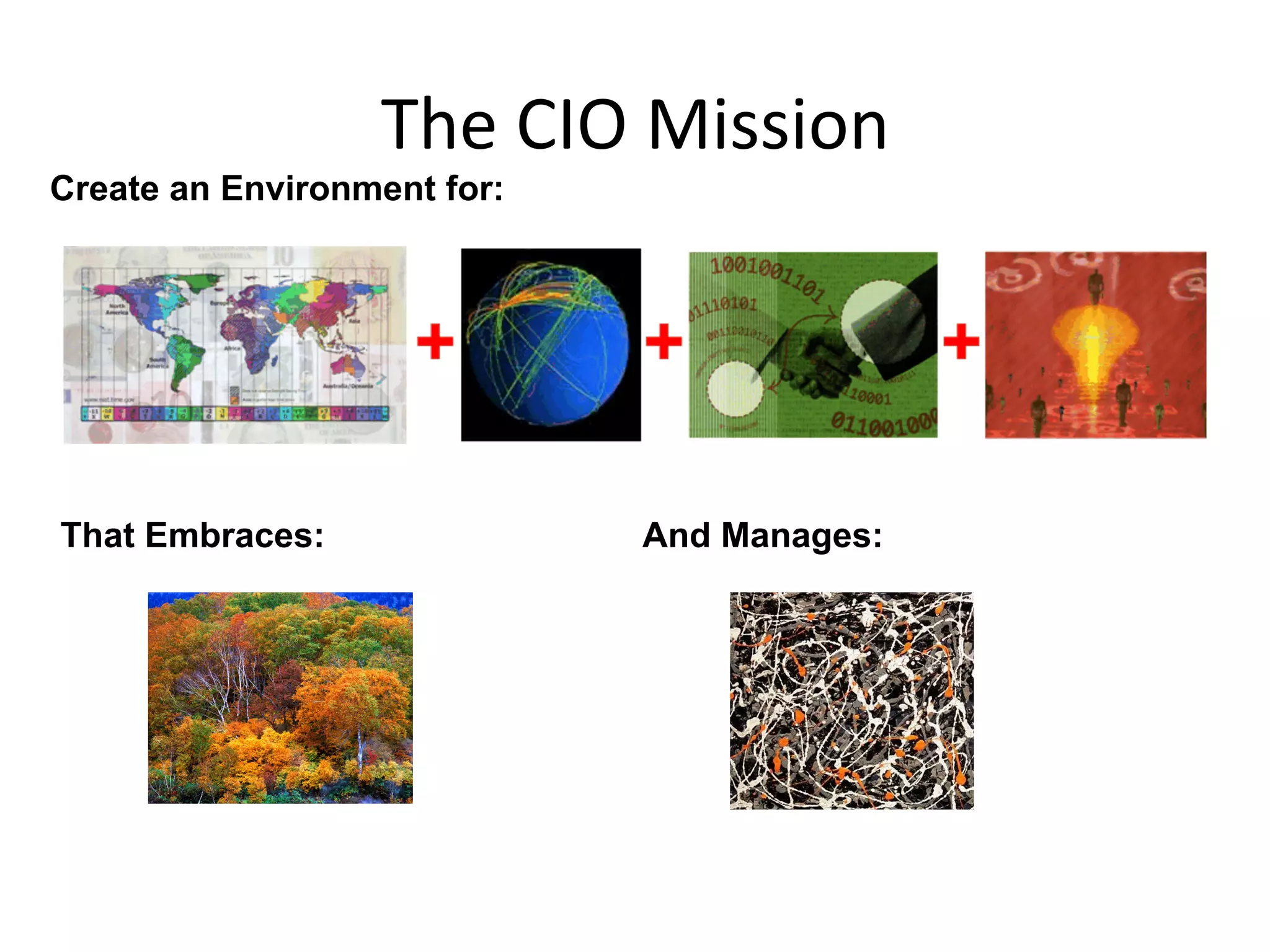 The	
  CIO	
  Mission	
  
That Embraces: And Manages:
Create an Environment for:
 